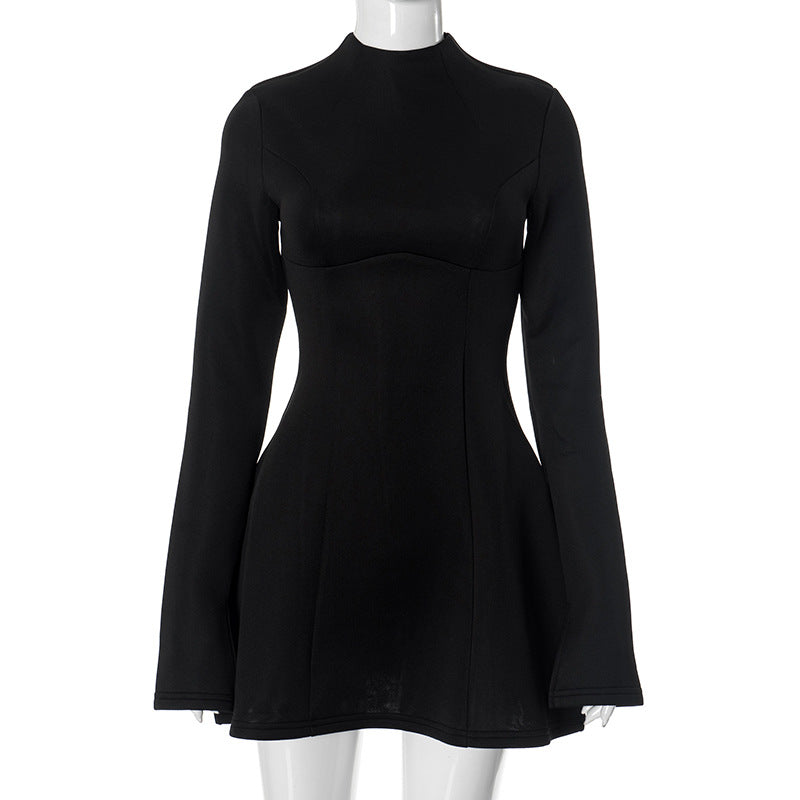 Solid color round neck, long sleeves and waisted A-line skirt