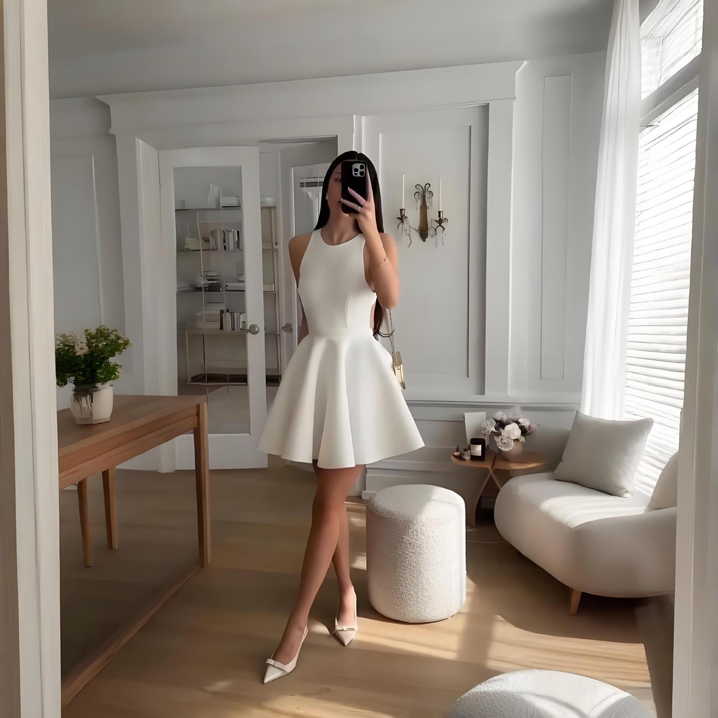 White sleeveless off-shoulder mini dress