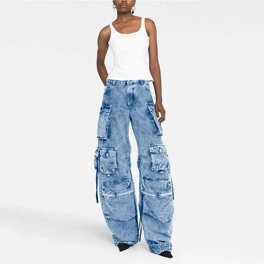 Patchwork multi-pocket cargo wide-leg pants