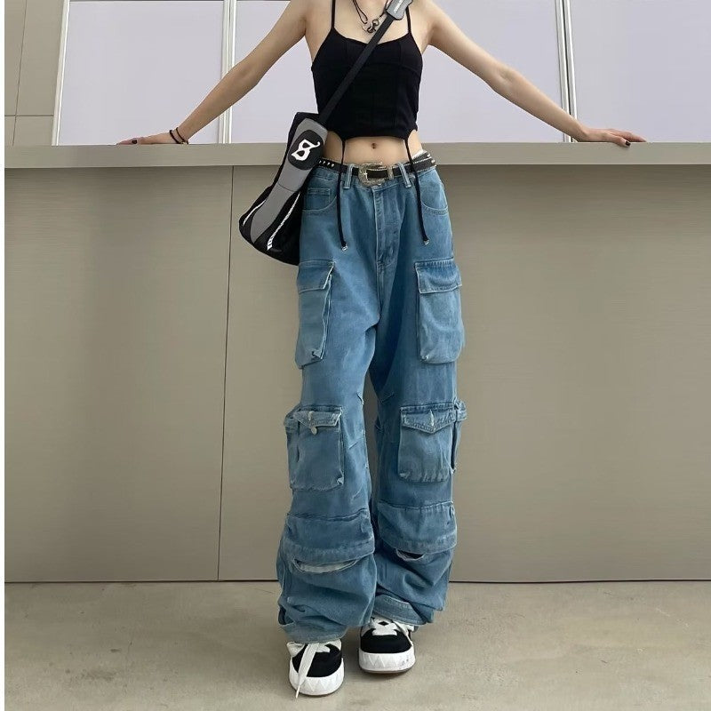 Patchwork multi-pocket cargo wide-leg pants