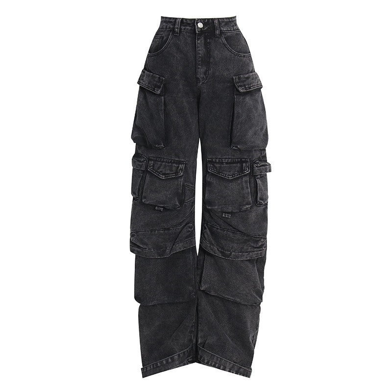 Patchwork multi-pocket cargo wide-leg pants