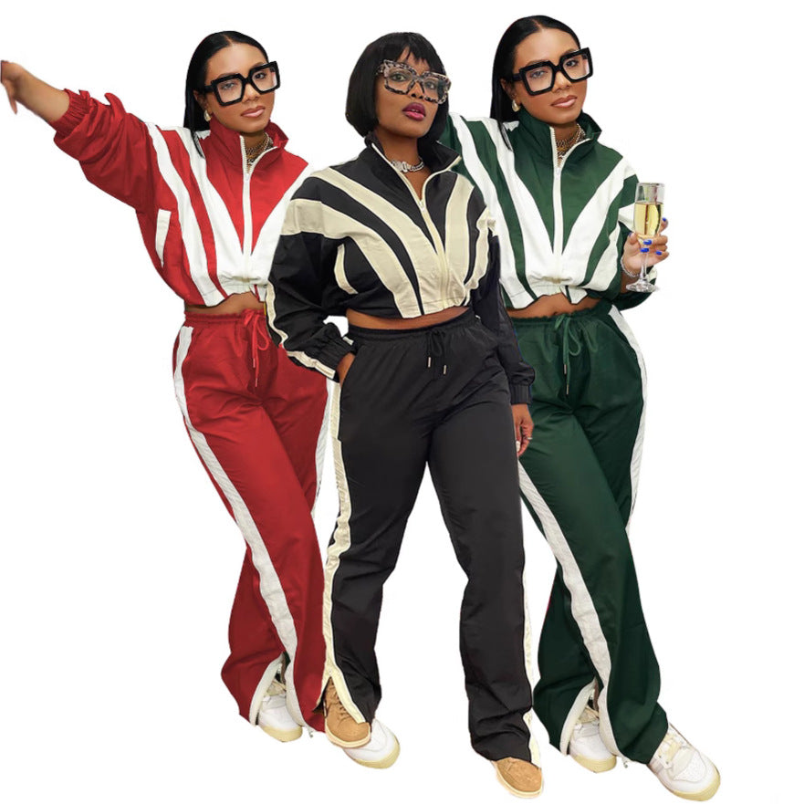 Spliced contrast color zipper long-sleeved short jacket + high waist straight trousers set
