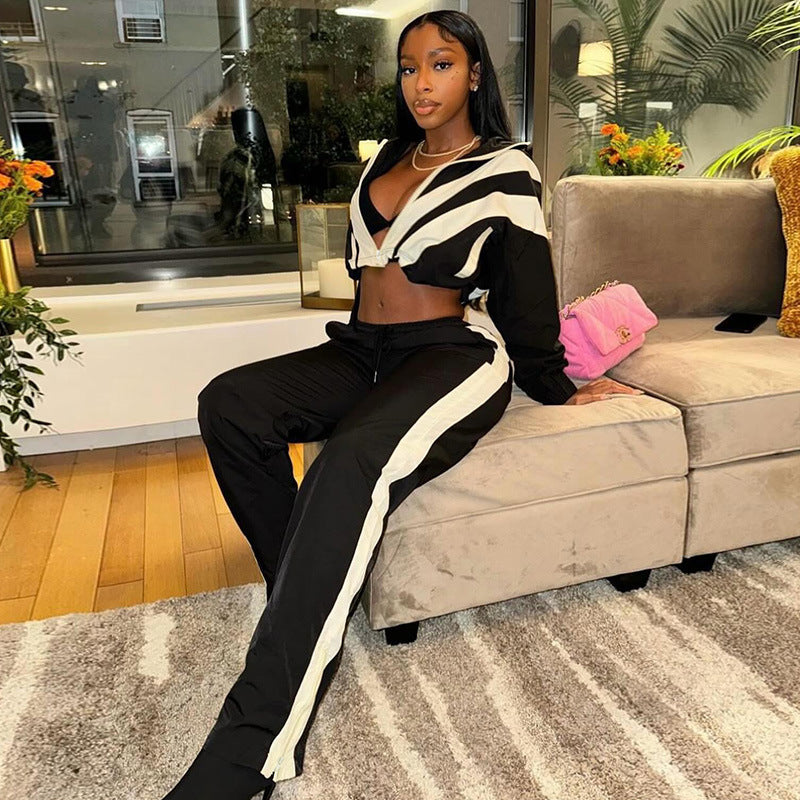 Spliced contrast color zipper long-sleeved short jacket + high waist straight trousers set