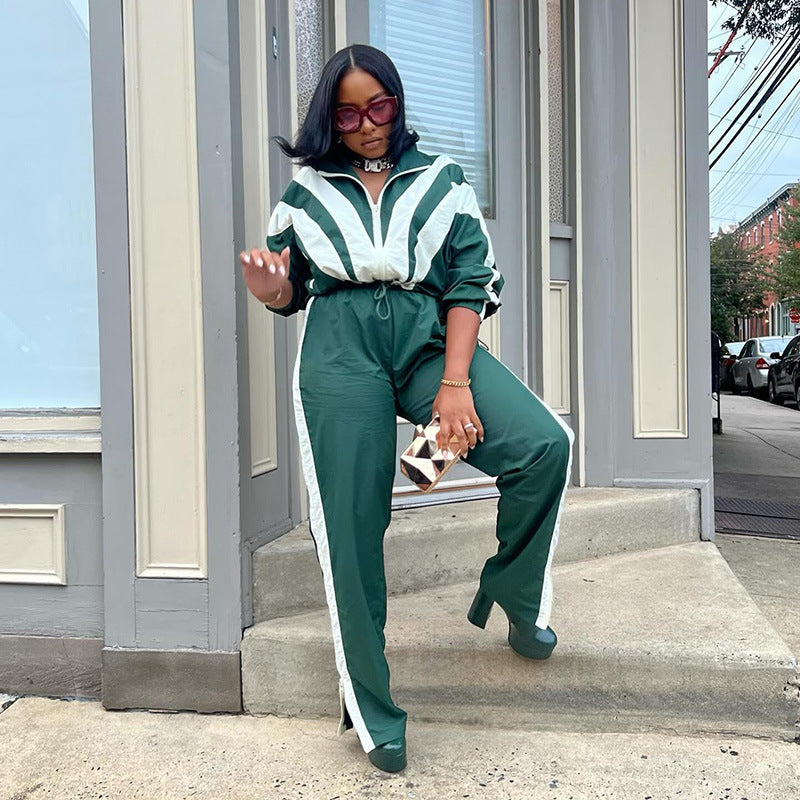 Spliced contrast color zipper long-sleeved short jacket + high waist straight trousers set