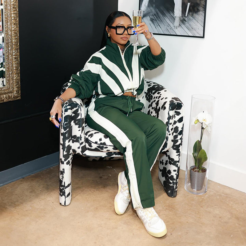 Spliced contrast color zipper long-sleeved short jacket + high waist straight trousers set