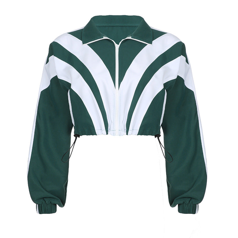 Spliced contrast color zipper long-sleeved short jacket + high waist straight trousers set