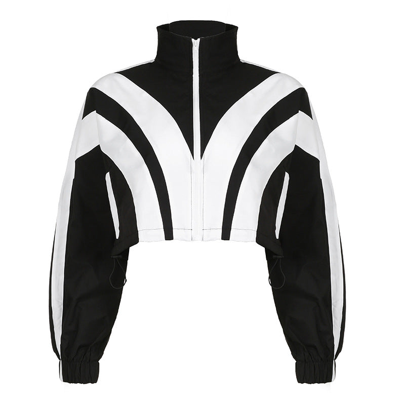 Spliced contrast color zipper long-sleeved short jacket + high waist straight trousers set