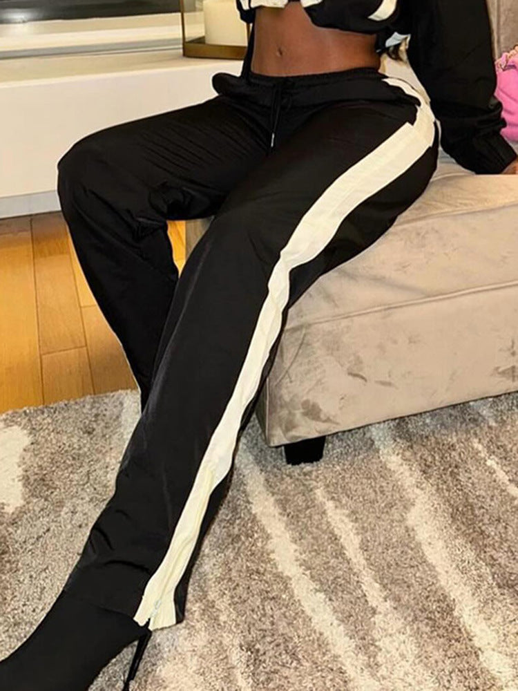 Spliced contrast color zipper long-sleeved short jacket + high waist straight trousers set