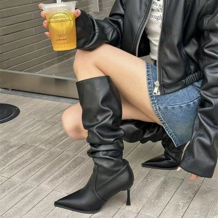 Pointed toe pleated high boots