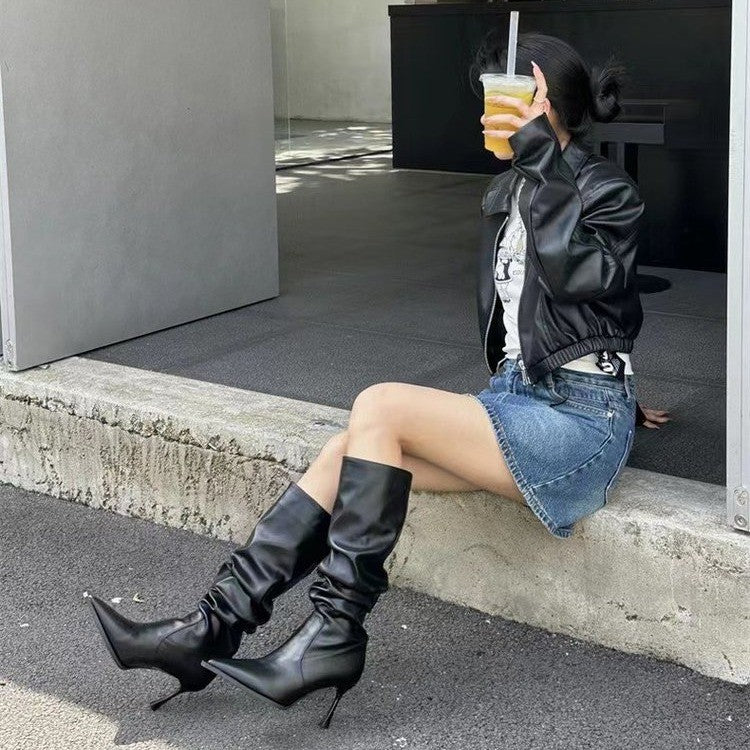 Pointed toe pleated high boots
