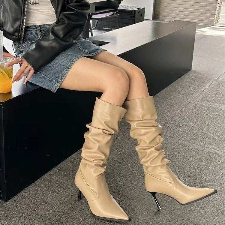 Pointed toe pleated high boots