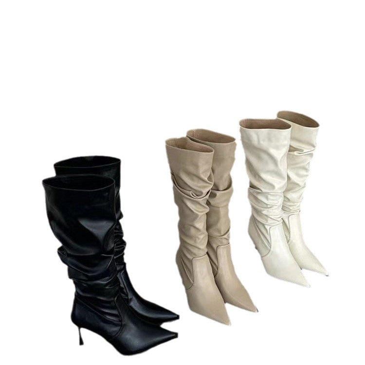 Pointed toe pleated high boots