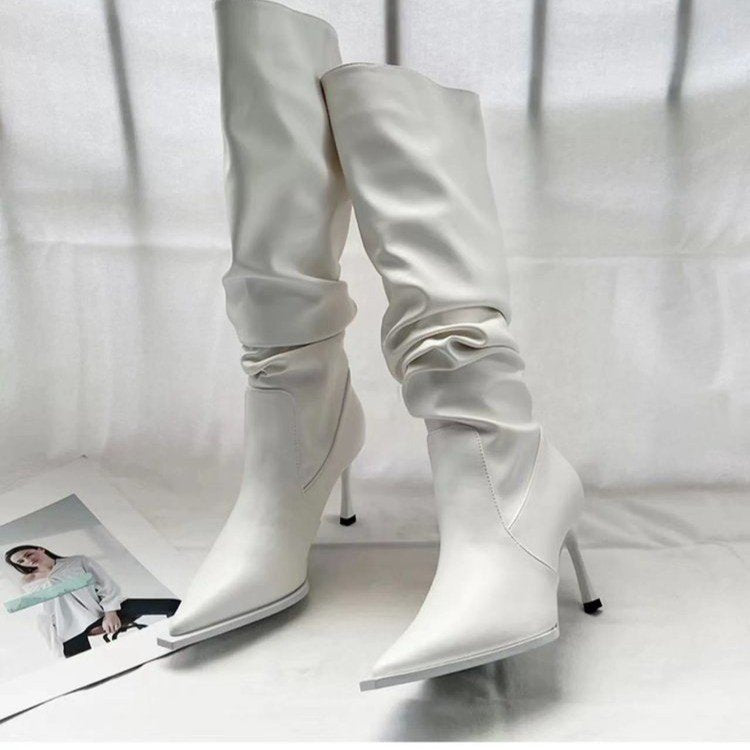 Pointed toe pleated high boots