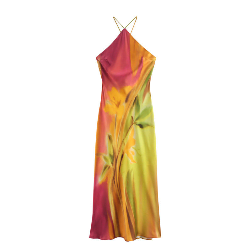 Satin Floral Ombre Halter Back Maxi Dress