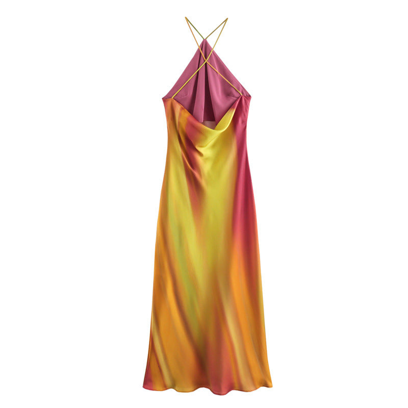 Satin Floral Ombre Halter Back Maxi Dress