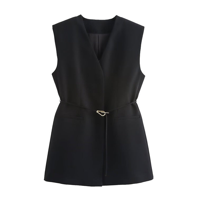Belted V-neck Sleeveless Vest