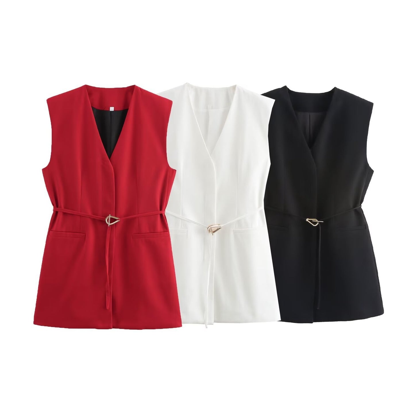 Belted V-neck Sleeveless Vest