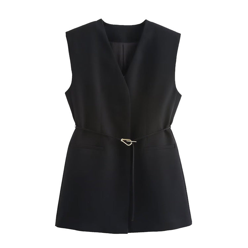 Belted V-neck Sleeveless Vest