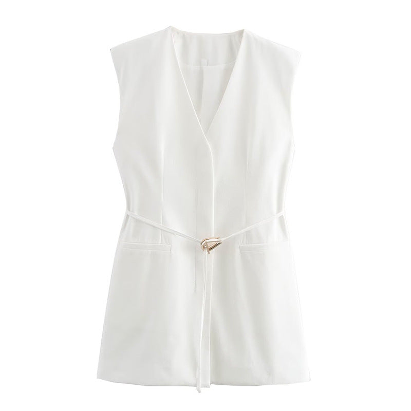 Belted V-neck Sleeveless Vest