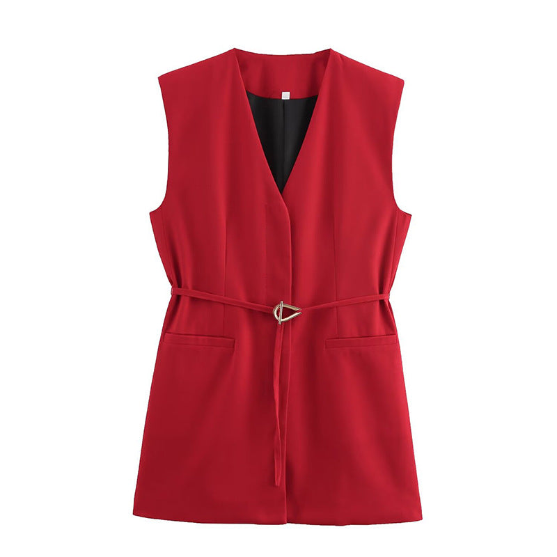 Belted V-neck Sleeveless Vest