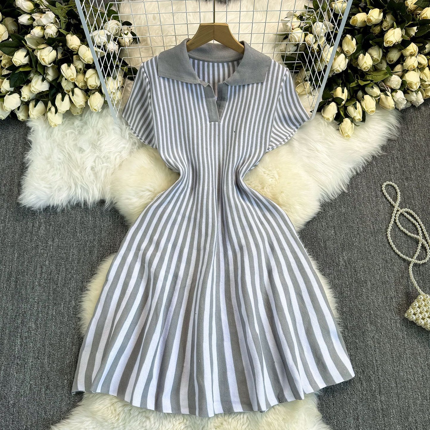 Ruffled knit fit and flare mini dress