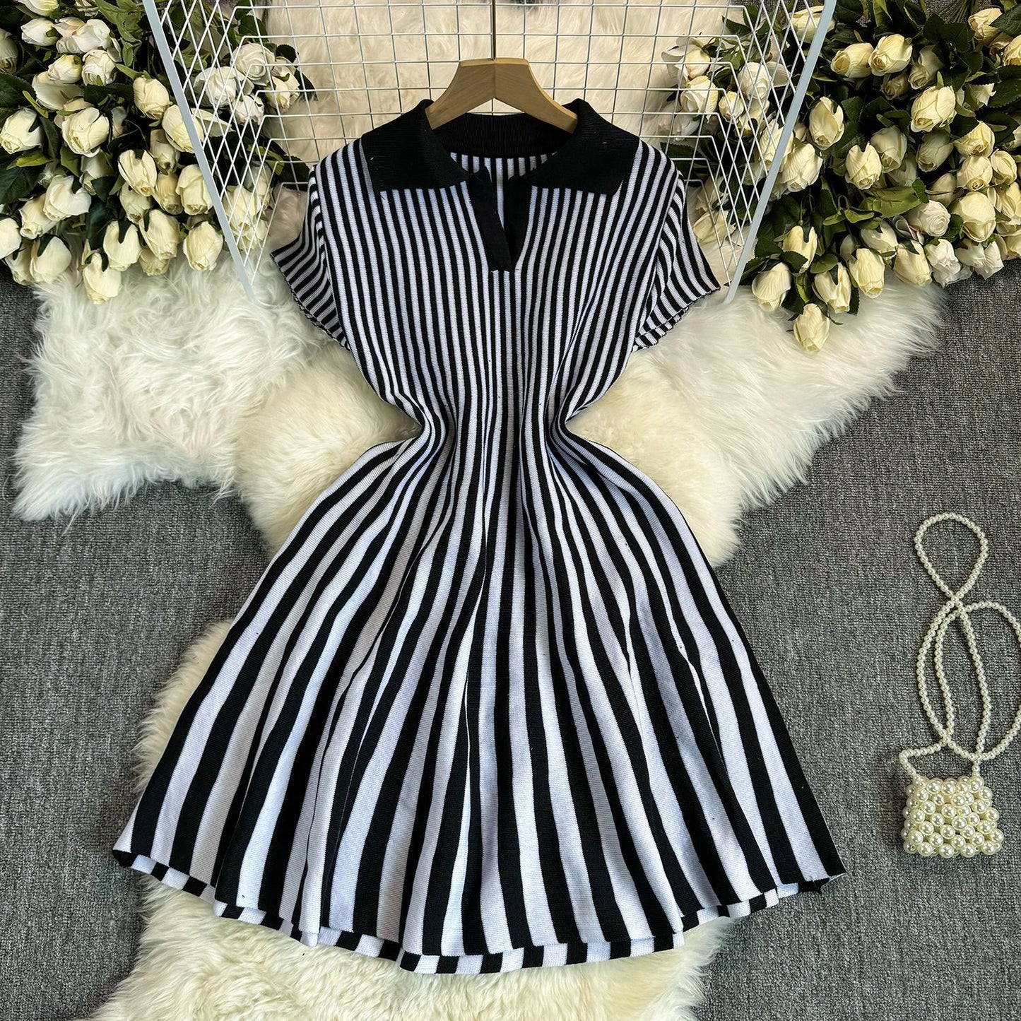 Ruffled knit fit and flare mini dress