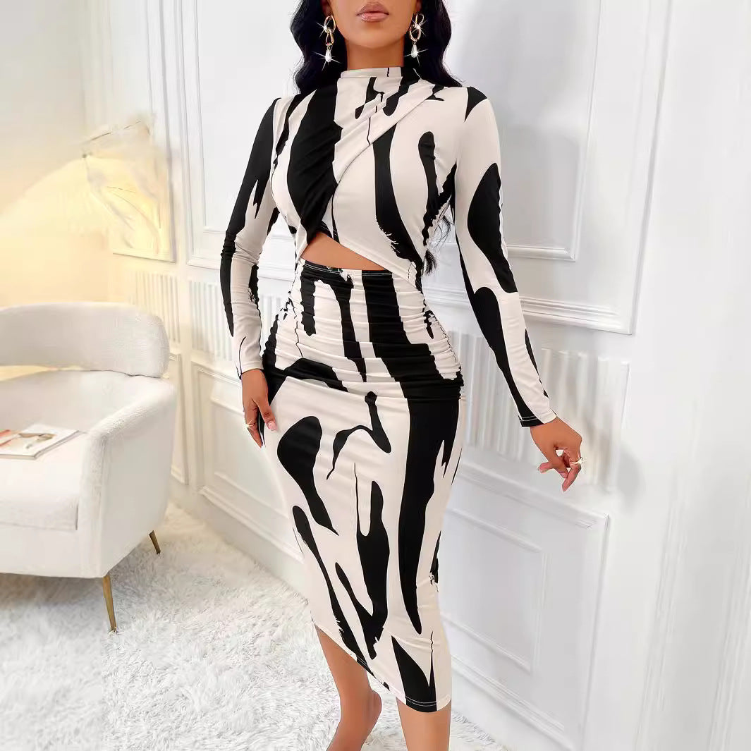 Printed long-sleeved hip dress
