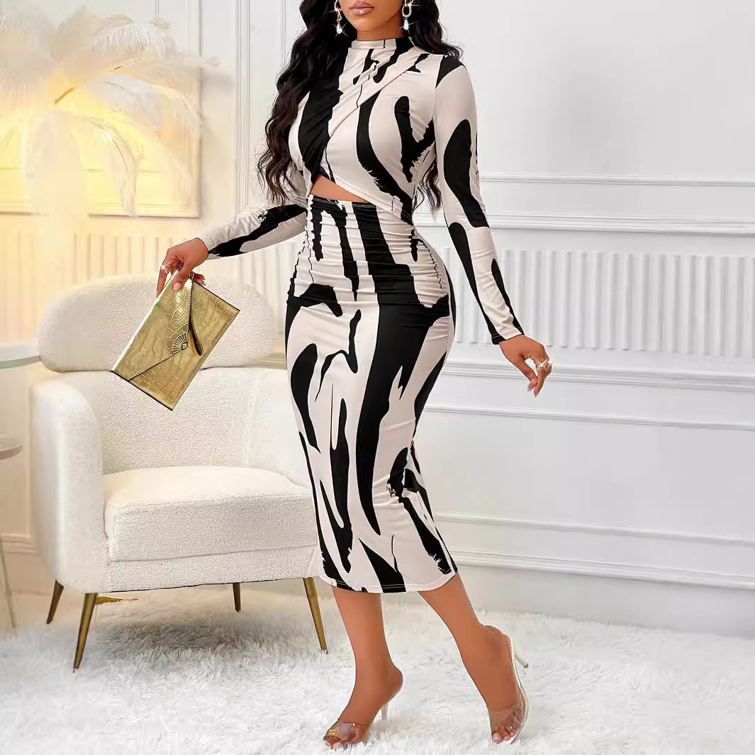 Printed long-sleeved hip dress