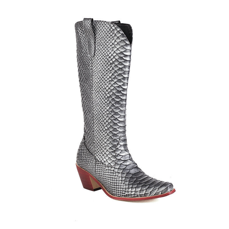 Snake print chunky high heel women's high boots