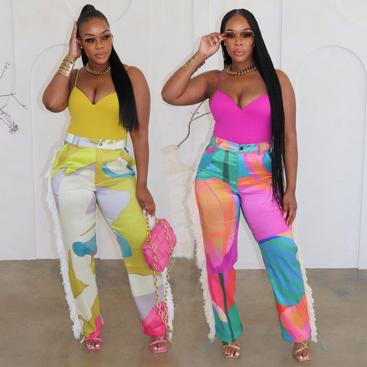 Colorblock Printed Tassel Wide-Leg Lounge Pants
