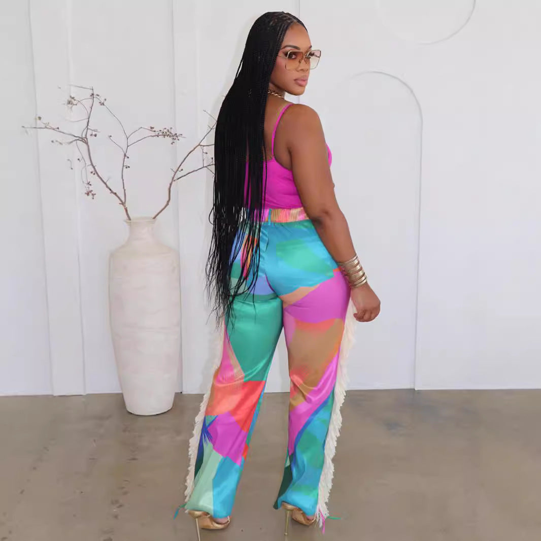 Colorblock Printed Tassel Wide-Leg Lounge Pants