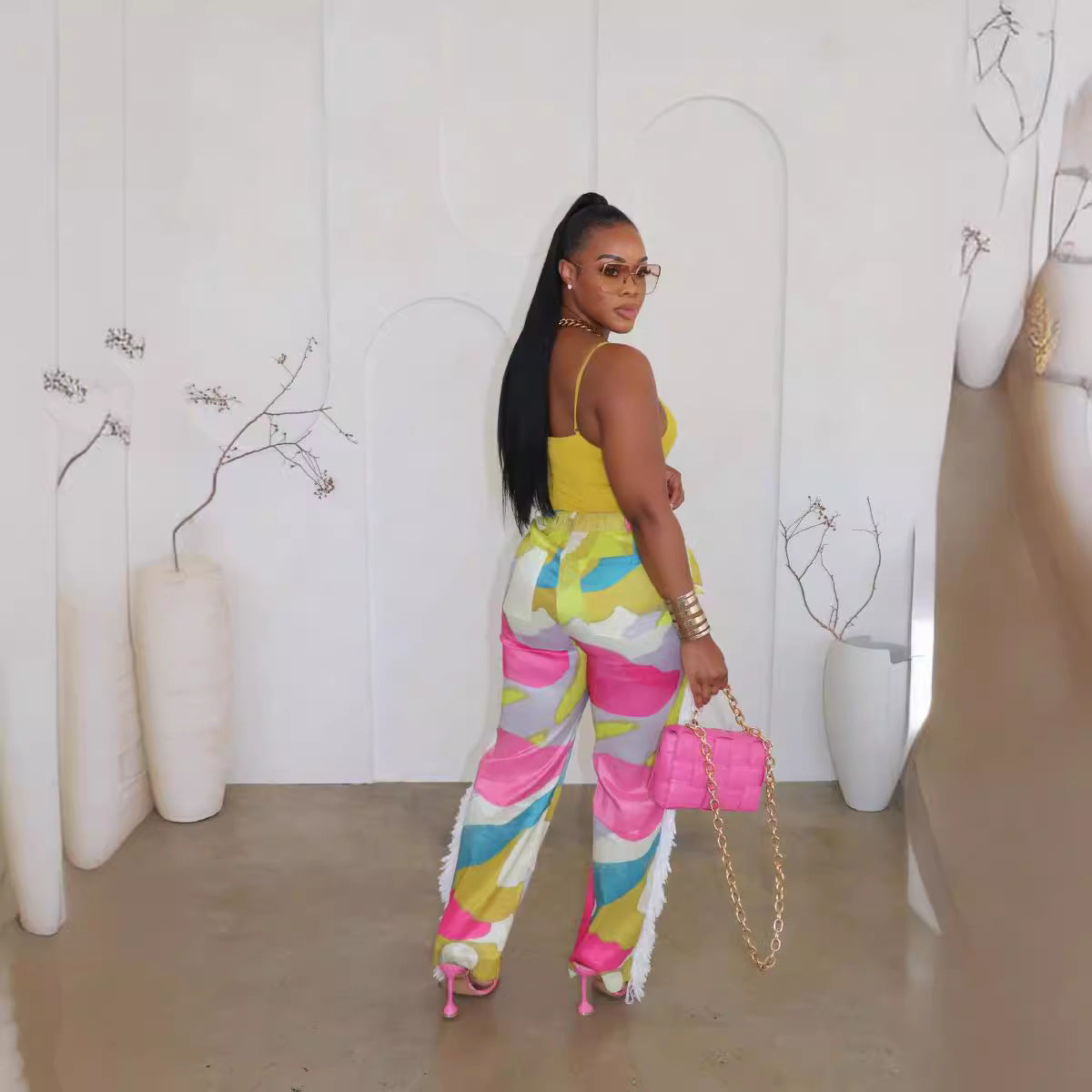 Colorblock Printed Tassel Wide-Leg Lounge Pants