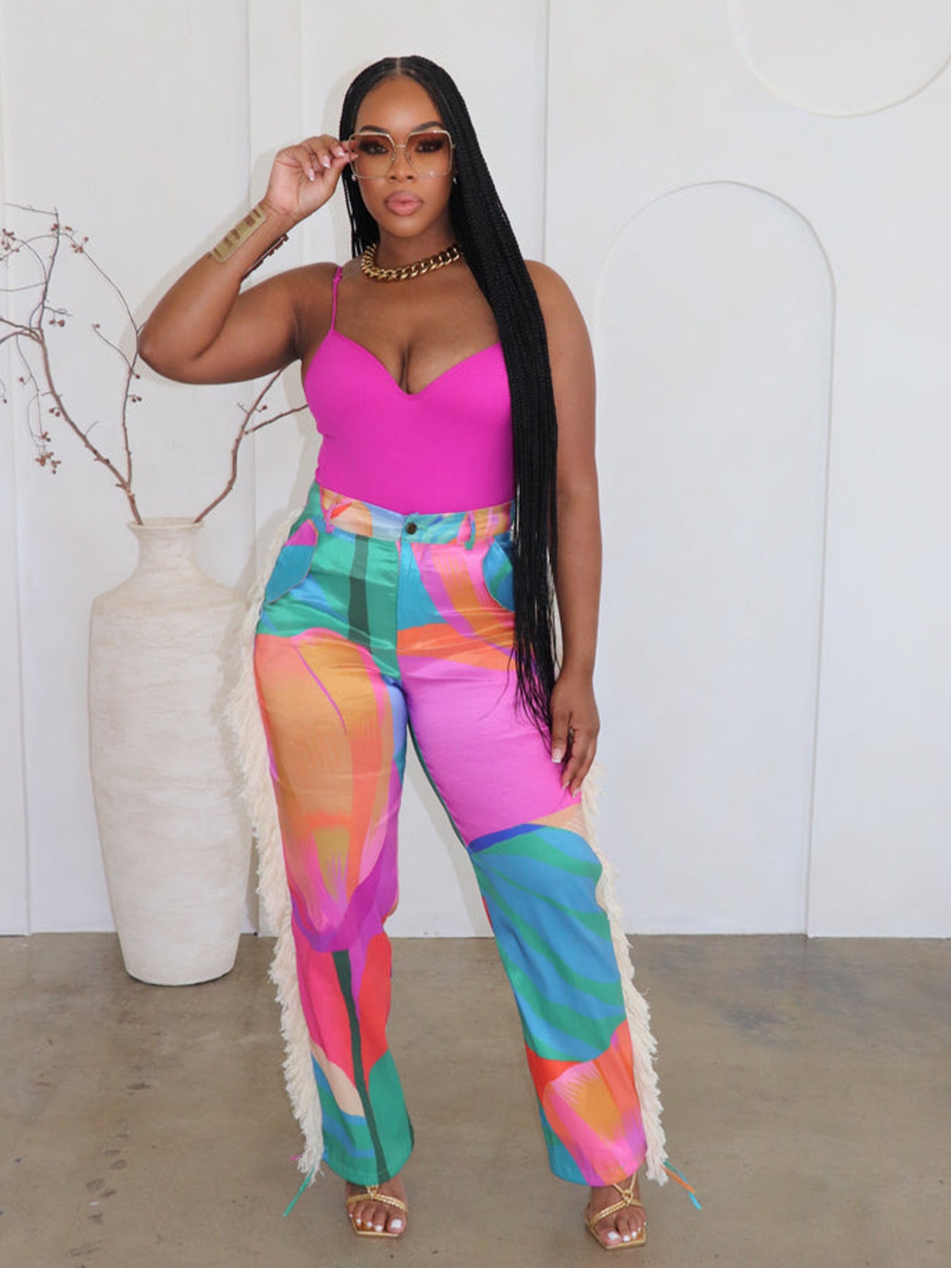 Colorblock Printed Tassel Wide-Leg Lounge Pants