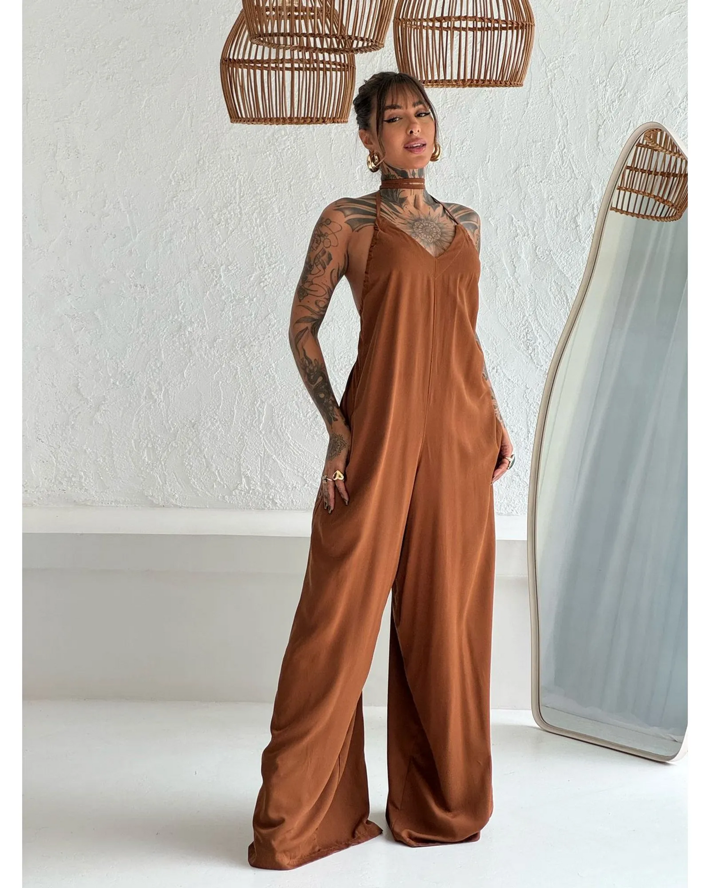 Solid color casual wide-leg jumpsuit