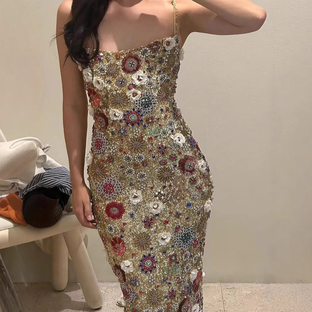 Heavily beaded suspender dress