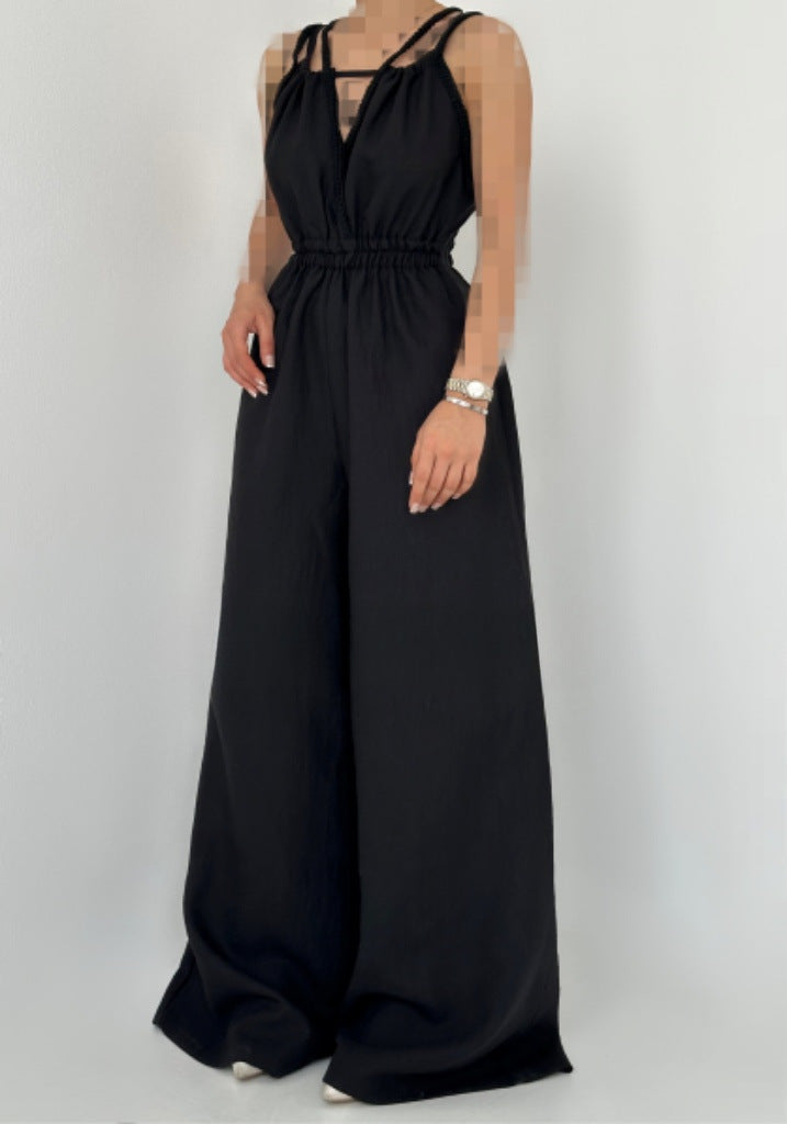 Sleeveless elastic flared wide-leg jumpsuit