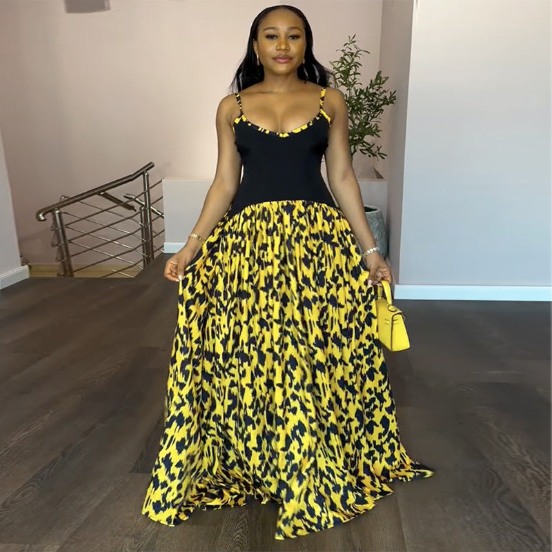 Suspender Printed V-Neck High Waist Maxi Dress