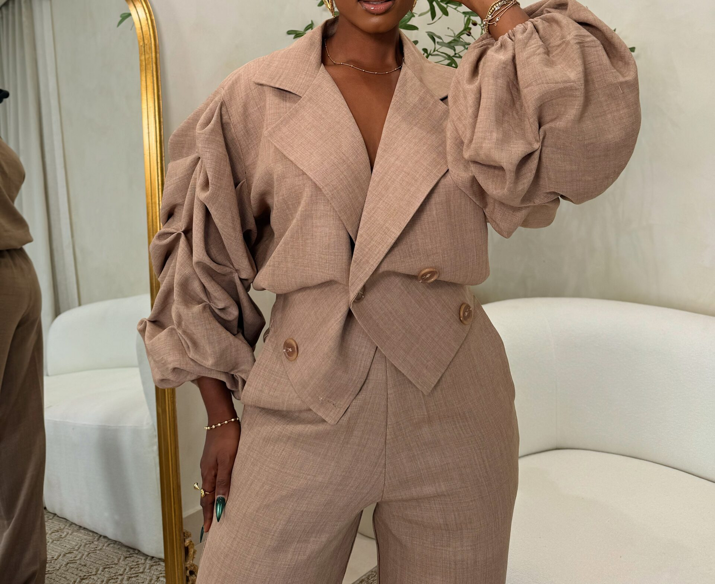 Linen pant and detailed crop jacket co-ord