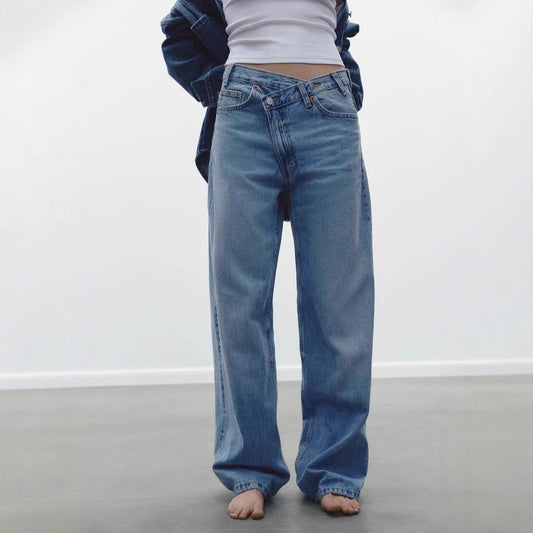 High-rise wide-leg crossover jeans