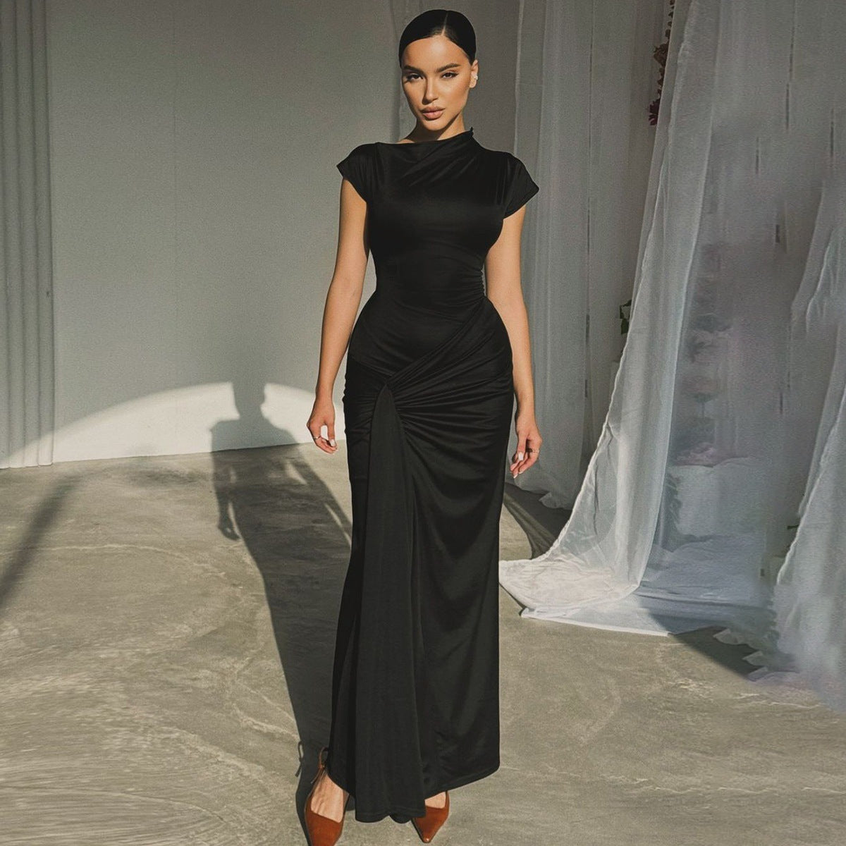 Solid color pleated tie design tight waist hip short sleeve dress