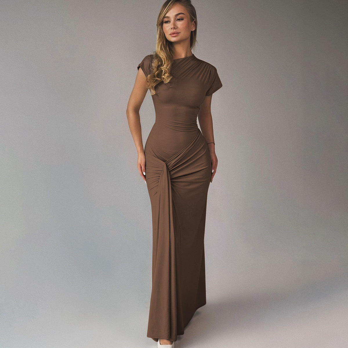 Solid color pleated tie design tight waist hip short sleeve dress