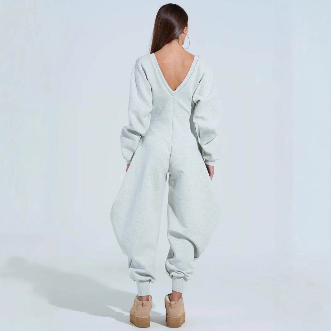 flared jumpsuit with tight v-neck
