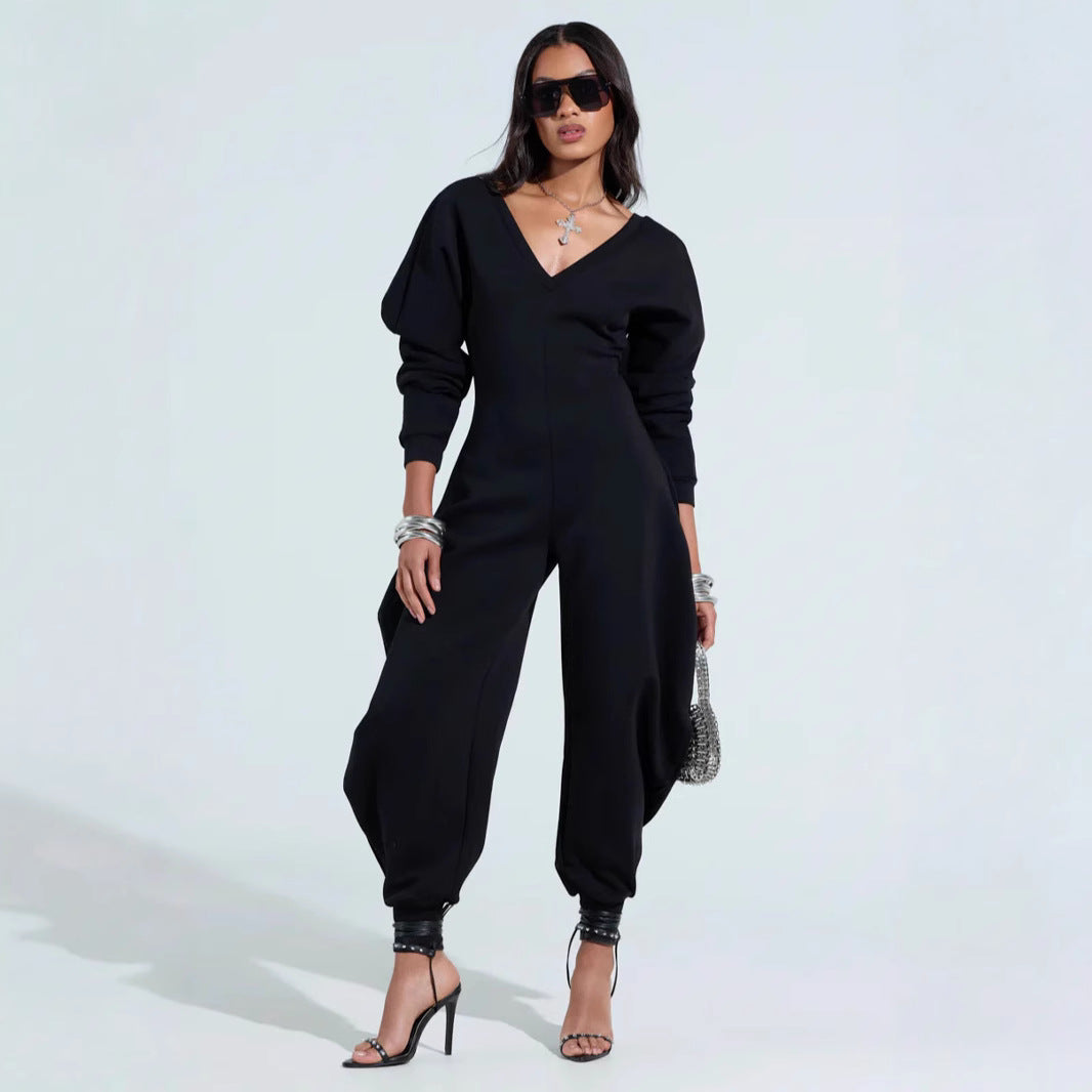 flared jumpsuit with tight v-neck