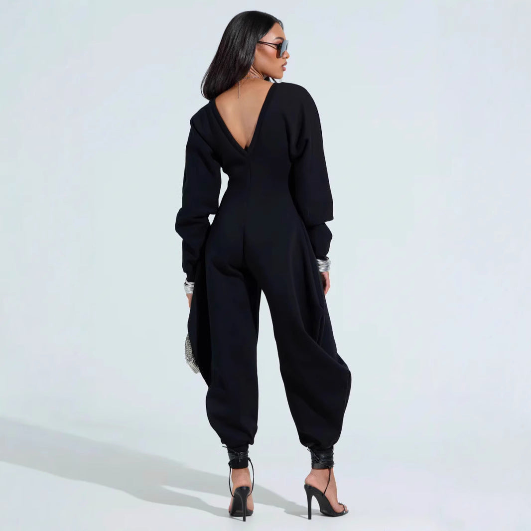 flared jumpsuit with tight v-neck