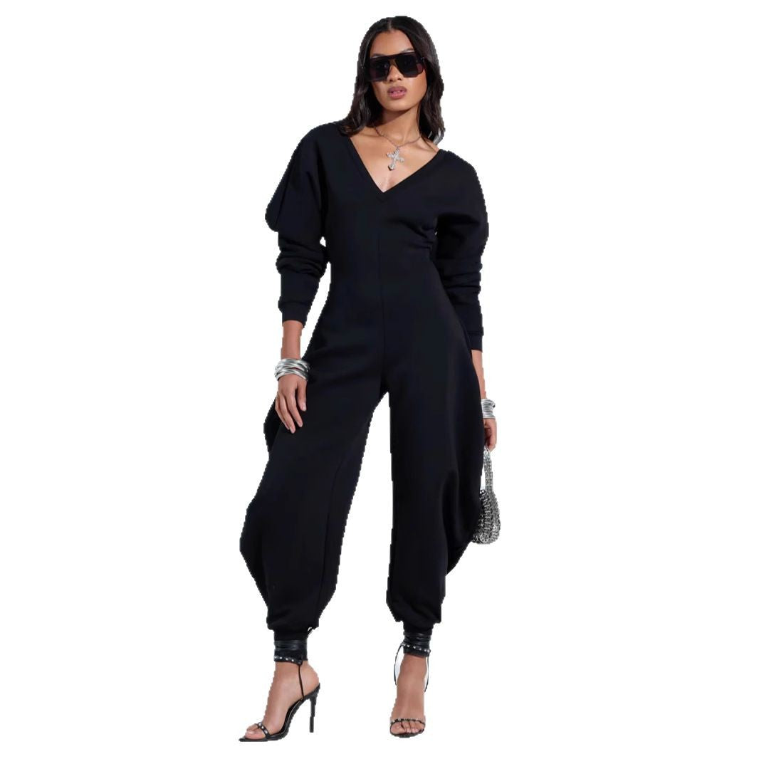 flared jumpsuit with tight v-neck