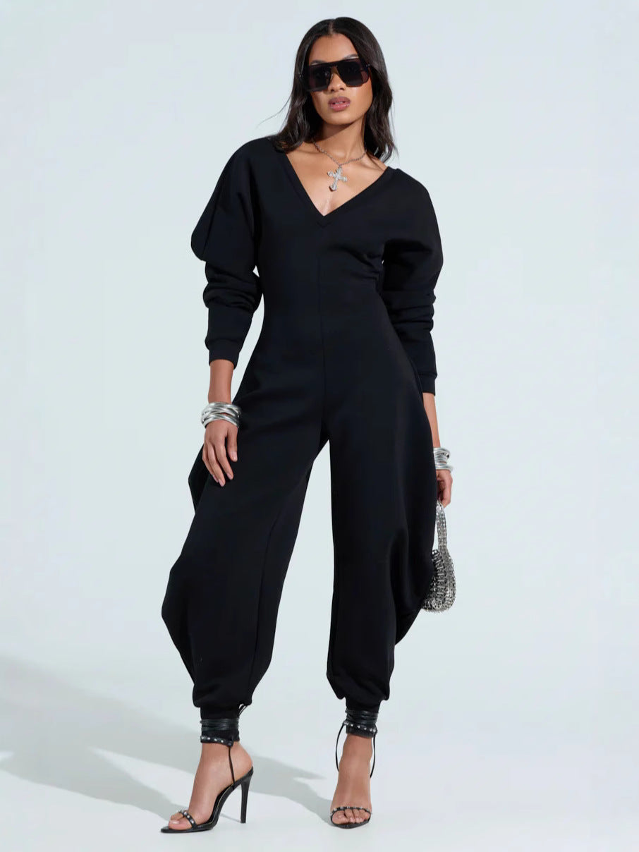 flared jumpsuit with tight v-neck