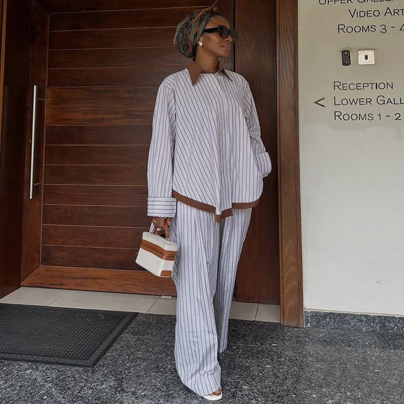 Spacious striped color-block shirt and wide-leg pants suit