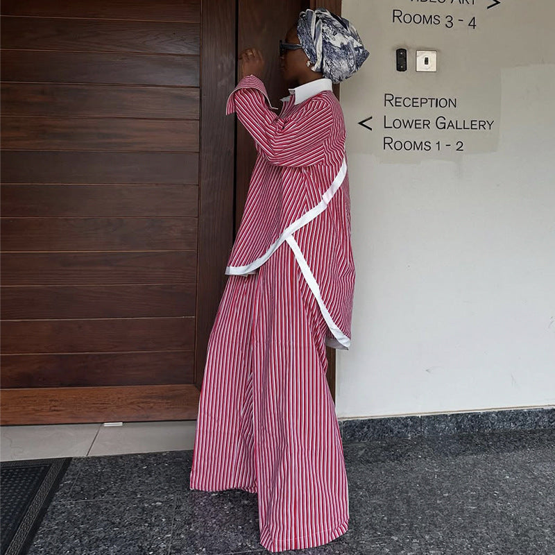 Spacious striped color-block shirt and wide-leg pants suit