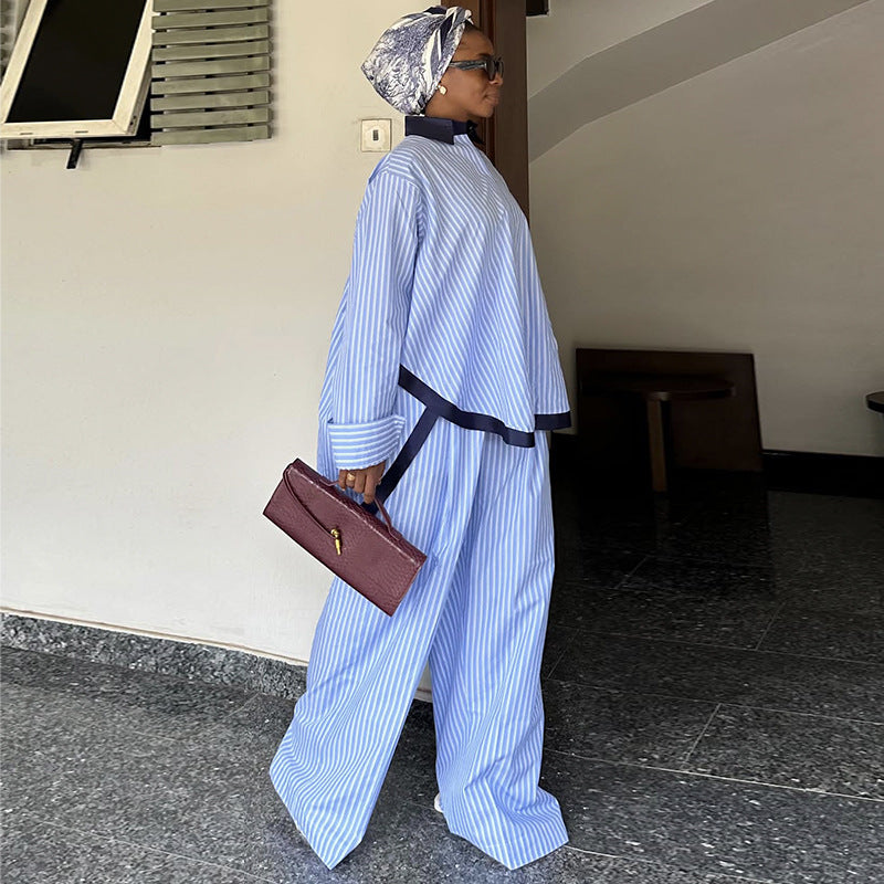 Spacious striped color-block shirt and wide-leg pants suit