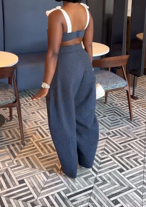 Bow tie suspender top + narrow striped wide-leg pants